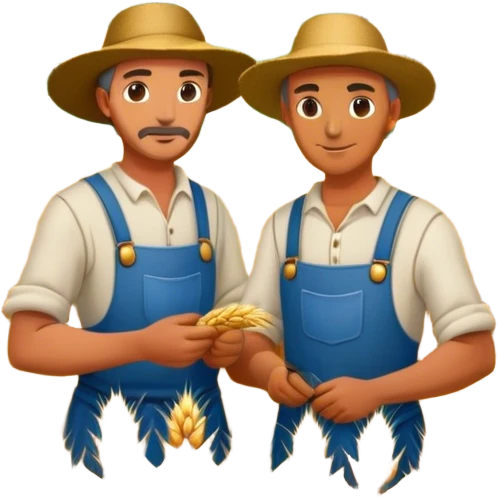 two medieval farmers, working a field of wheat crops. Surrounded by a landscape and small houses emoji