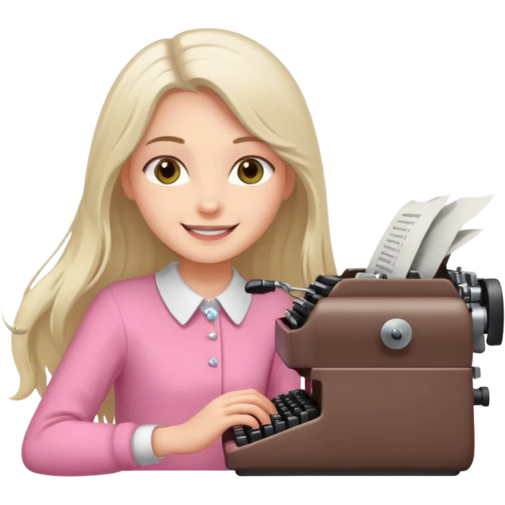 smiling white long brunette hair girl with hazel eyes wearing pink typing on a typewriter emoji