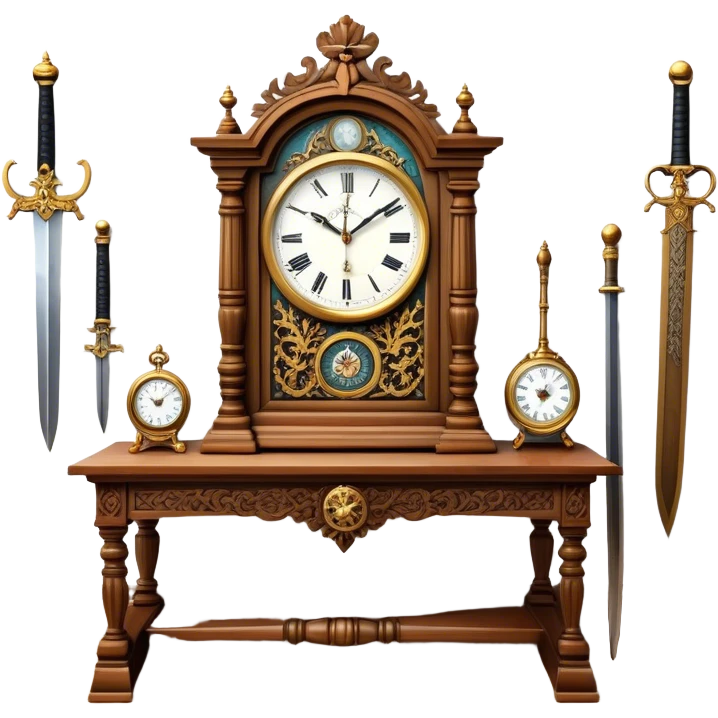 Icon for Antiques Collecting: a vintage clock, intricately carved furniture, famous paintings, antique swords, and rifles. The items are displayed on a wooden table or shelf. The icon should evoke the rich history and craftsmanship of antique collecting. Transparent background. emoji