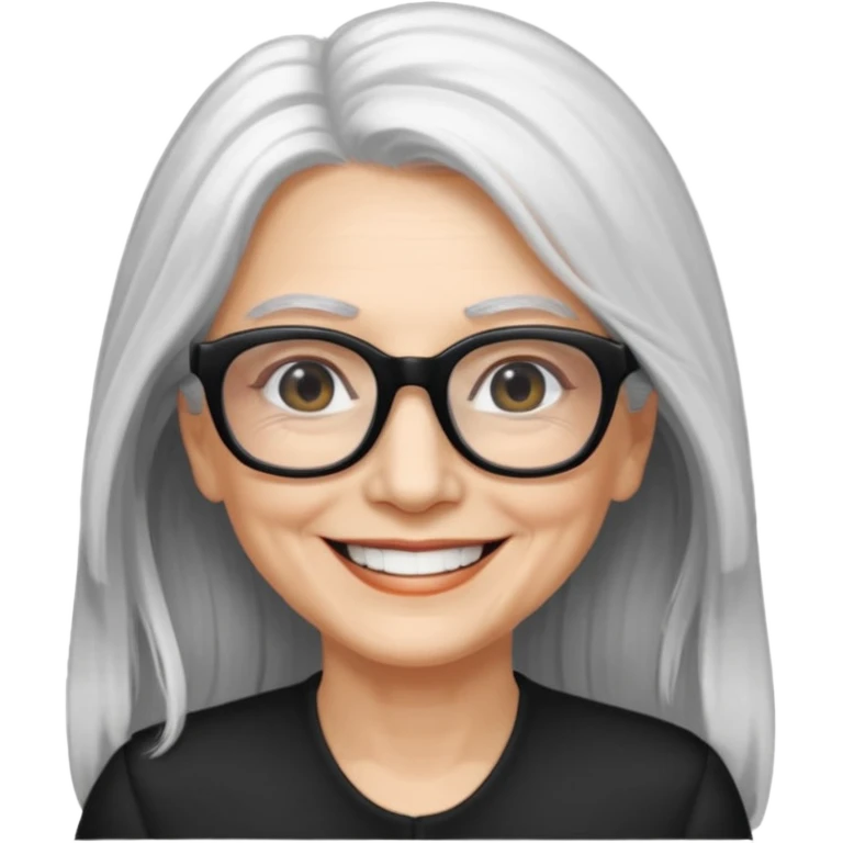femme 60ans  avec de long cheveux blanc et des lunettes rectangles noir sourrir emoji