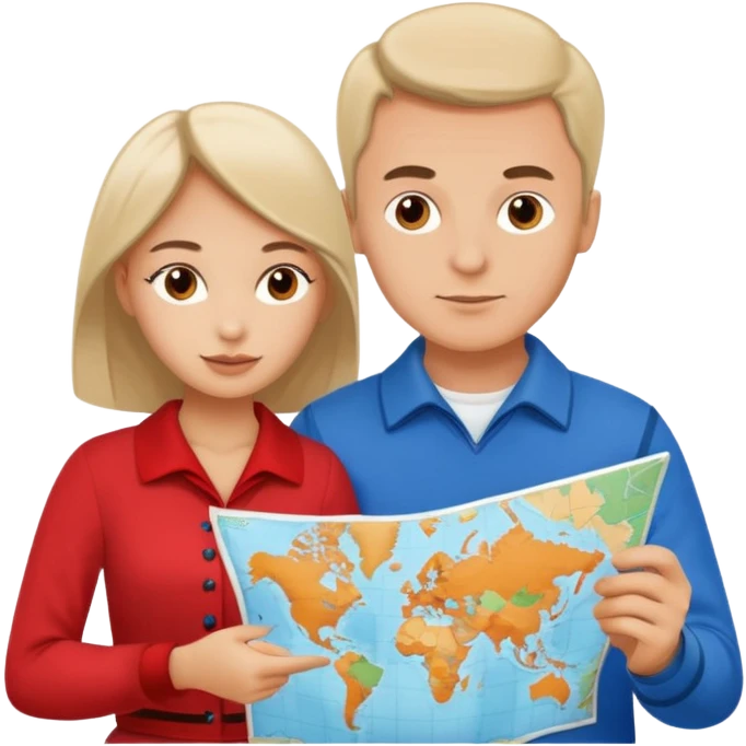 Russian man and elegant turkish girl in cute outfits with a map planning  emoji