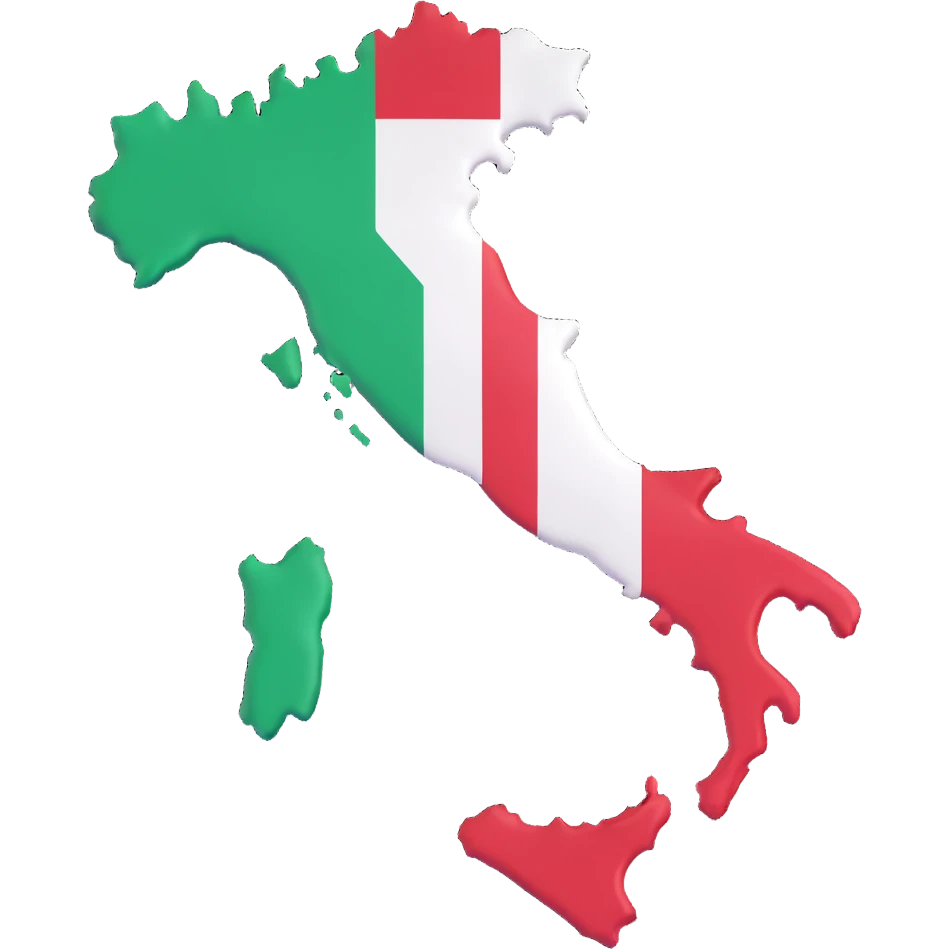 3D illustration of the map of Italy with the Italian flag overlay, vivid and bright flag colors emoji