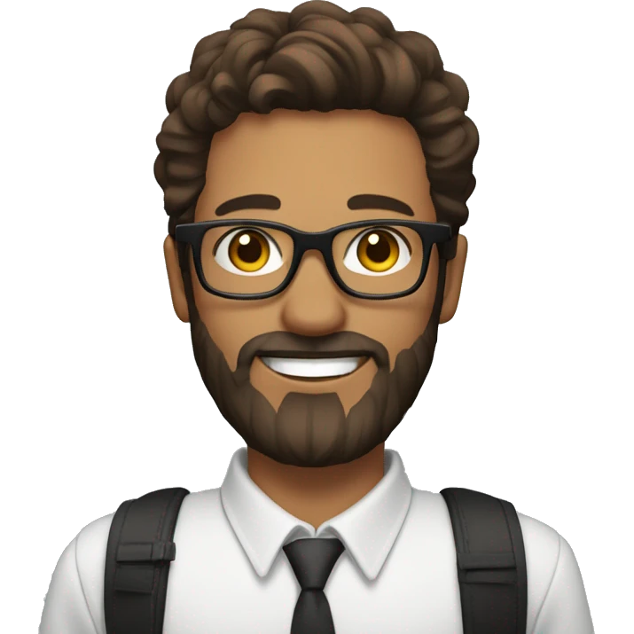 man with black round glasses, smiling, brown hair and beard and a side swept hairstyle, holding a cell phone emoji