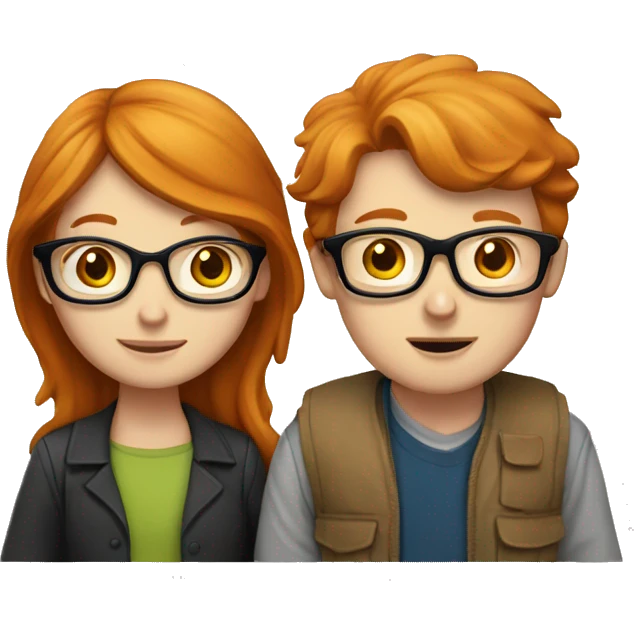 a ginger girl and a brunette boy, both with glasses. they have books in front of them, learn emoji