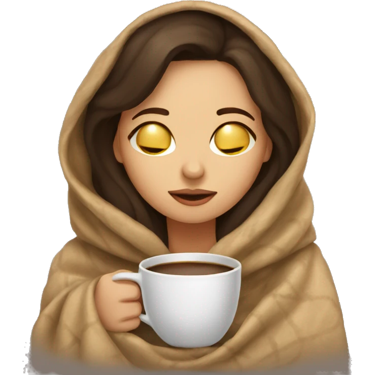 Brunette girl inside a blanket sipping coffee eyes closed emoji