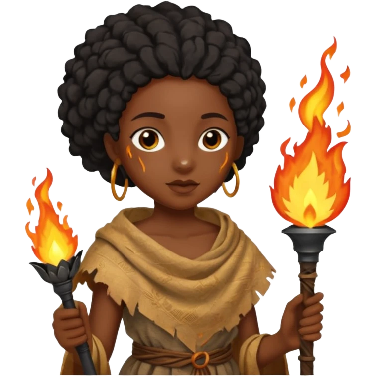 ancient black girl, tattered leaf cloth, hold a torch emoji