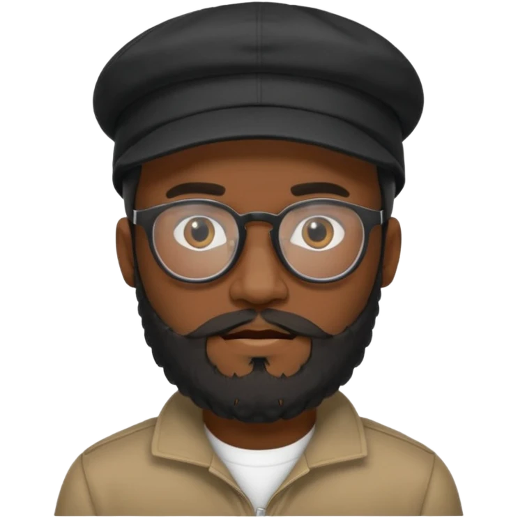 A stylish black man wearing glasses, with a full beard, wearing a black cap, realistic, high detail, studio lighting. emoji