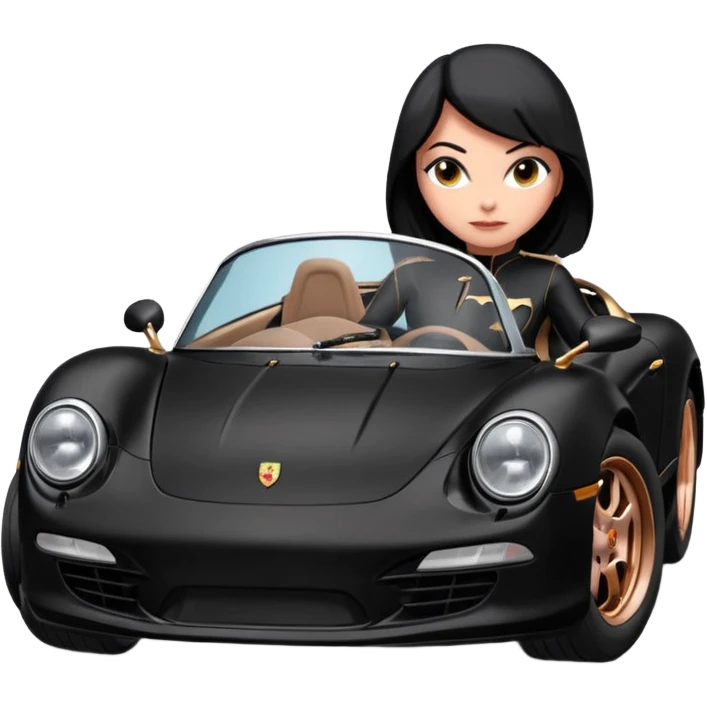 BatGirl driving her satin-black and rose gold 56 Porsche spider too fast in the country despite the rainy conditions making the tires slippery sliding sideways and her black hair flutter  emoji