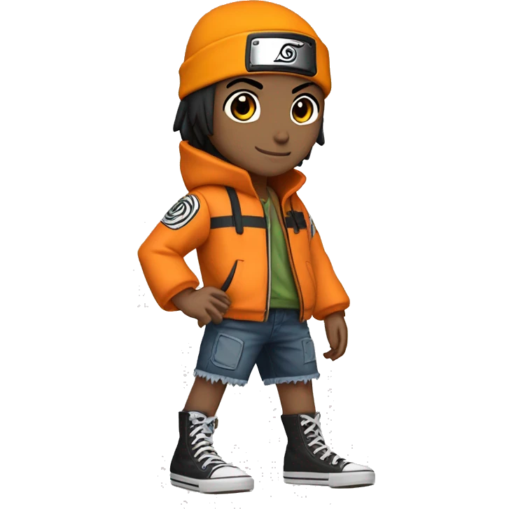 Naruto character brazilian flag, lightsskin, short straight black hair, orange jacket with a little black, a head wrap from his character, black Converse shoes, jean shorts and smiling emoji