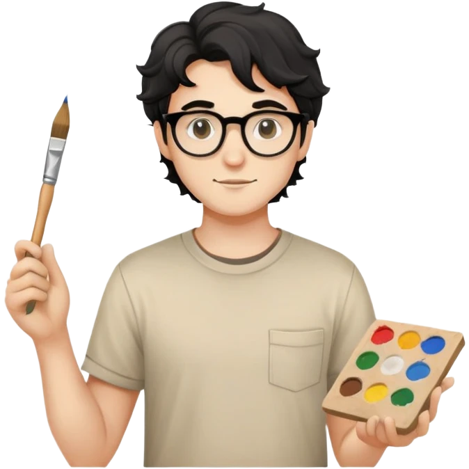 Young caucasian man with black wavy hair, round glasses, beige painting shirt, holding a square paintbrush emoji