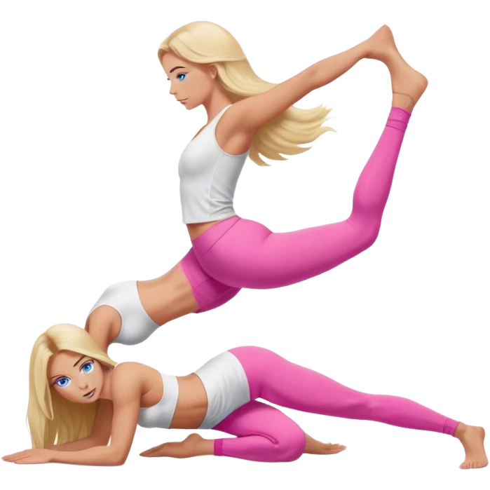 A cinematically realistic blonde with long hair and blue eyes, dressed in a white top and pink leggings, does a glute bridge exercise emoji