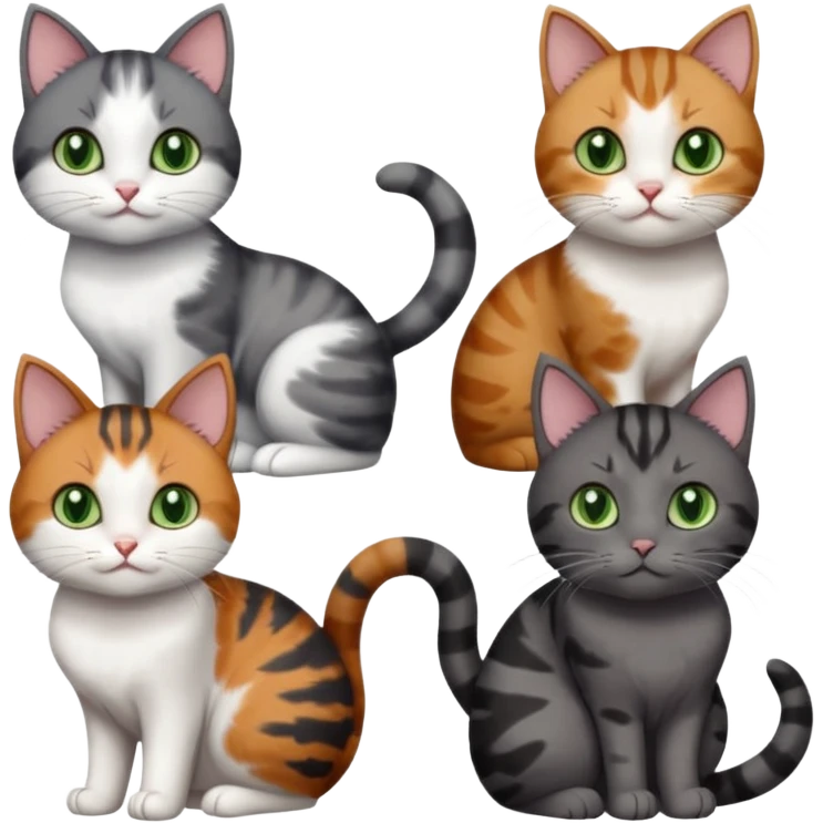 6 different coloured small cats including a dark grey and white, and a patchy calico, and a brown tabby and white,  and a completely solid dark grey with green eyes and only white paws emoji