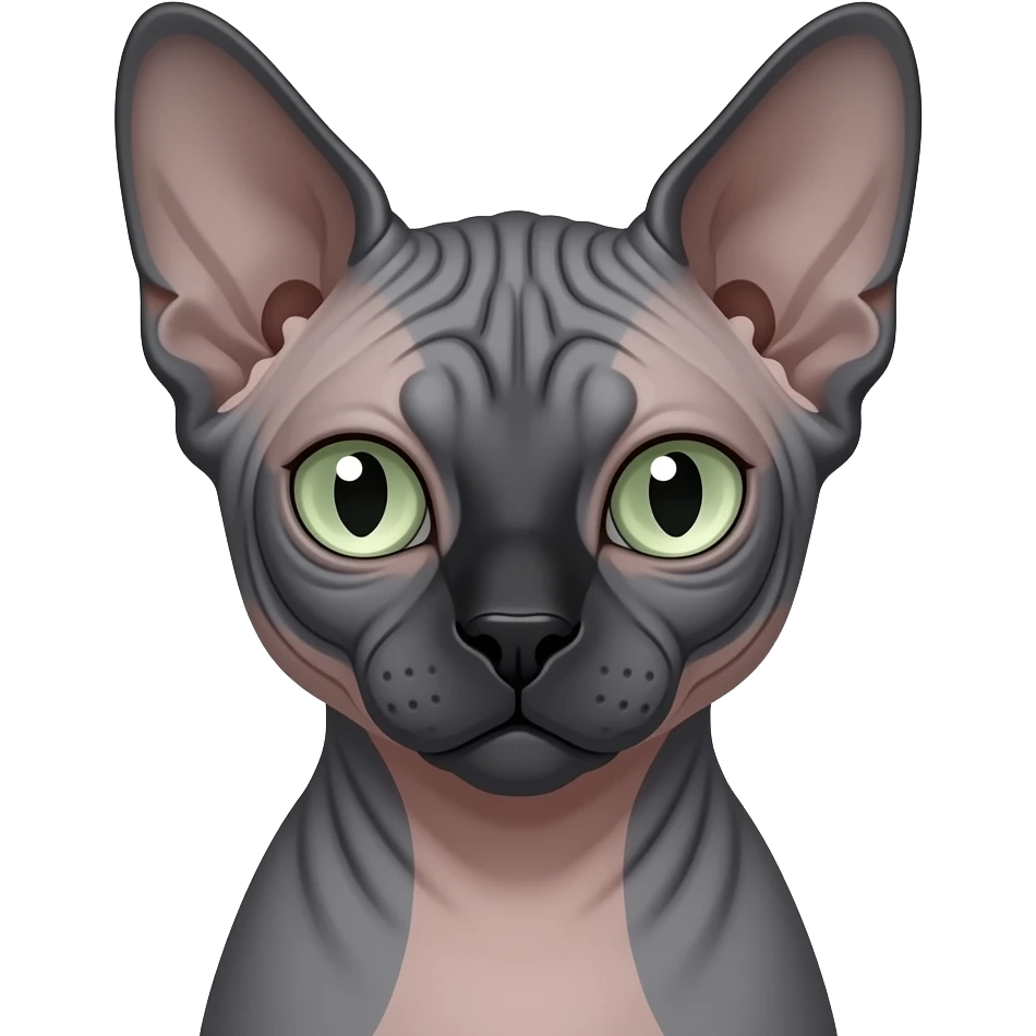 Dark grey female sphynx cat with black nose and light green eyes, just the face, emoji, wrinkles emoji