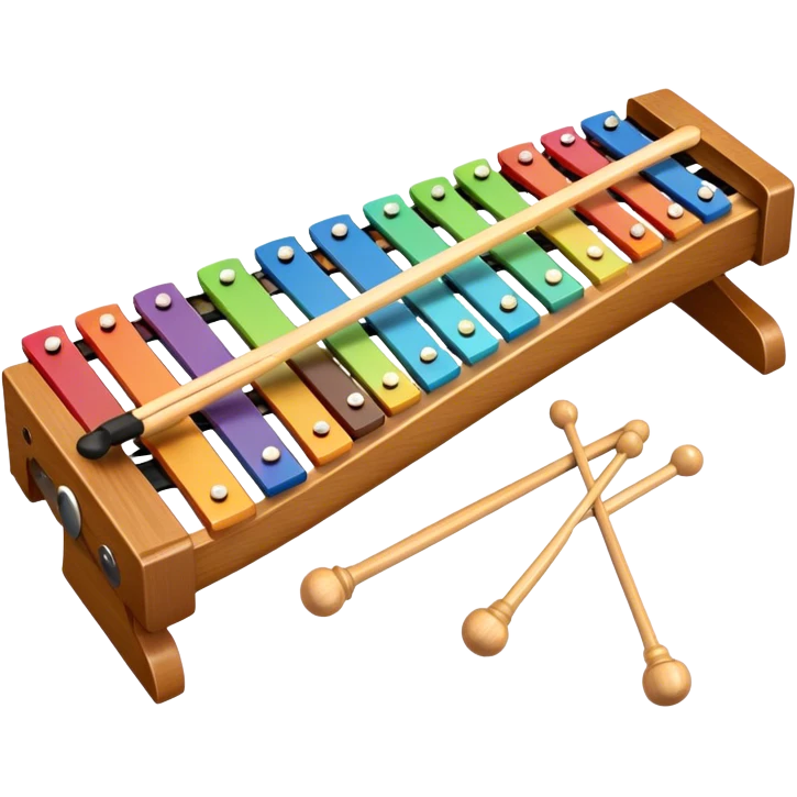 Create a vibrant and detailed emoji representing a Fleet FLT-SX37 xylophone. The design should feature the sleek wooden keys of the xylophone, arranged neatly on the frame, with metal bars clearly visible. Add the mallets placed beside the instrument or in motion, highlighting their soft rubber heads. Use warm, natural wood tones for the keys, with subtle metallic accents to reflect the professional quality of the instrument. Add small musical notes or soundwaves around the xylophone to evoke its bright, percussive sound. The background should be transparent. emoji