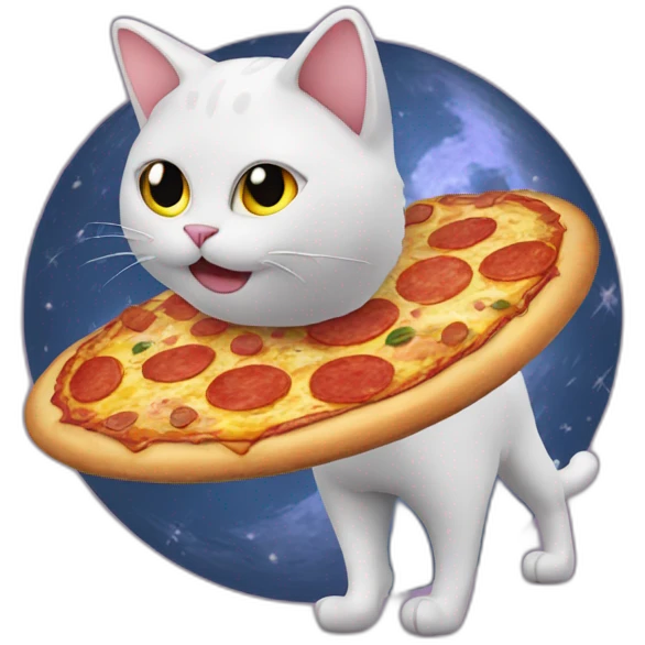 cat walking on moon with boots made of pizza emoji