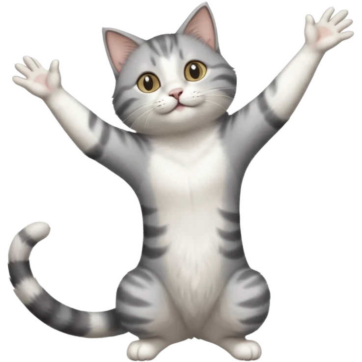 grey and white cat doing a big long stretch reaching up into the airwith arms together emoji