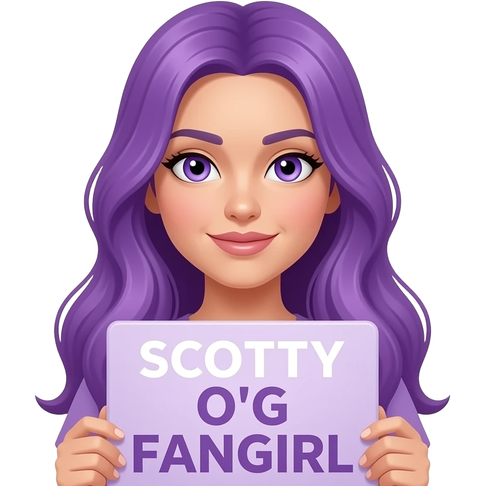 sexy girl with long purple hair and purple eyes holding a SCOTTY O'G FANGIRL sign emoji