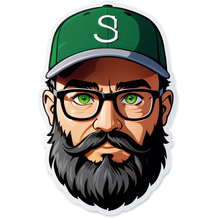 A bold man with a grey baseball cap, green eyes, big beard and glasses emoji