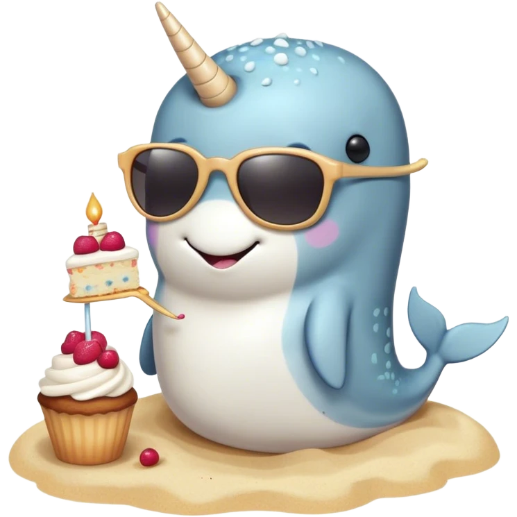 narwhal eating cake on the beach with sunglasses￼ emoji