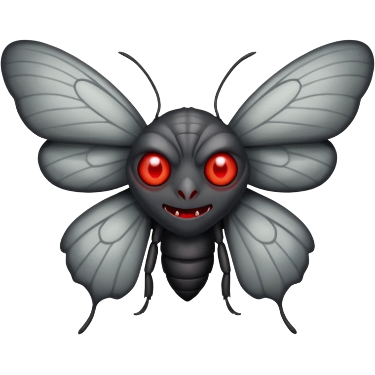 Create a scary emoji of the Mothman with bright red eyes and as depicted in the legend. Make it less bird like and more Moth / Human hybrid emoji