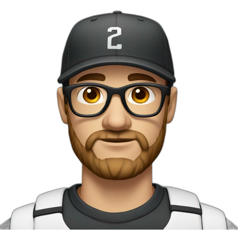 White man with brown hair and a brown beard, has thick eyebrows is wearing black sight glasses. Big nose. Half closed brown eyes. Wearing a Nike cap. Serious expression emoji