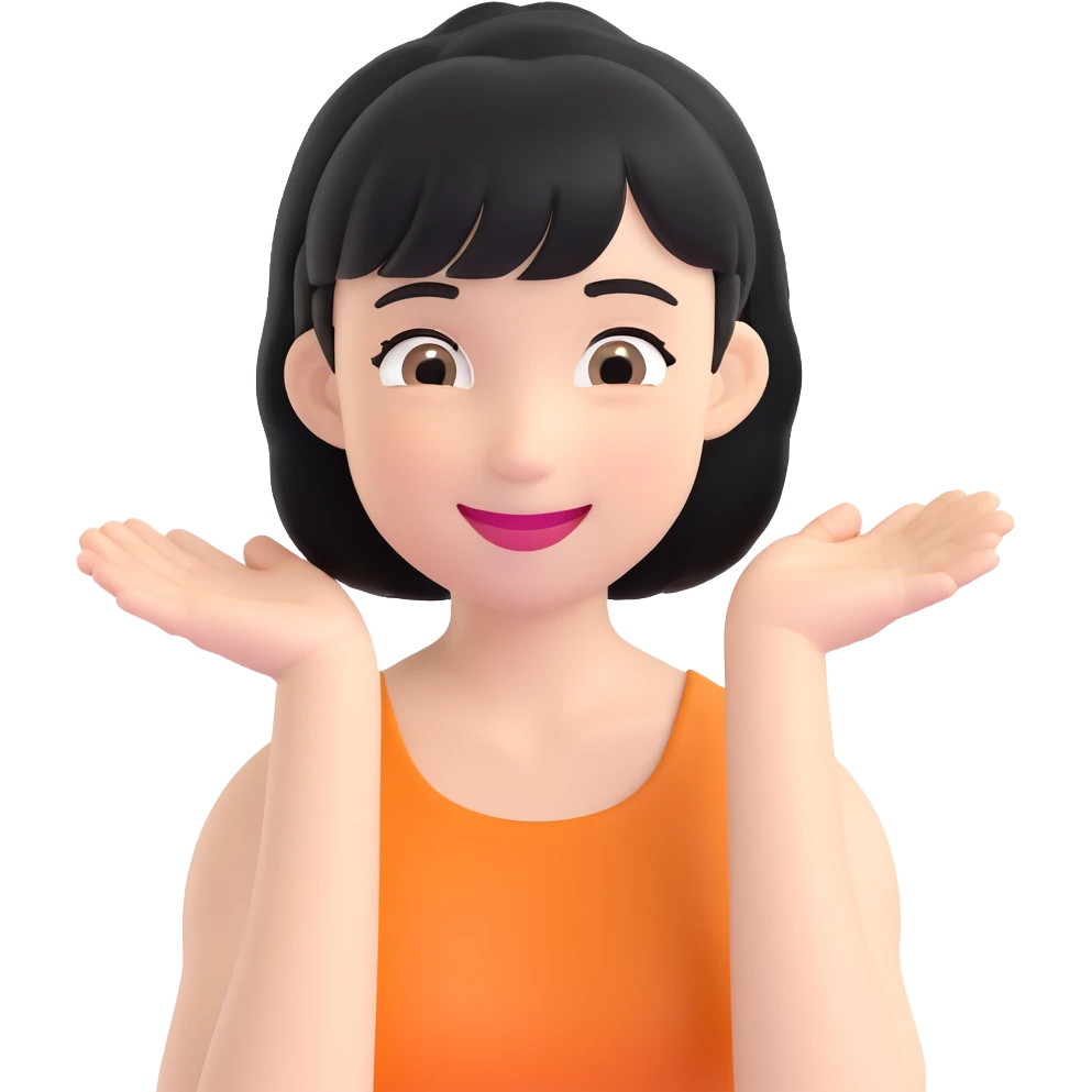 chica con pelo negro corto por los hombros, flequillo y expresión alegre emoji