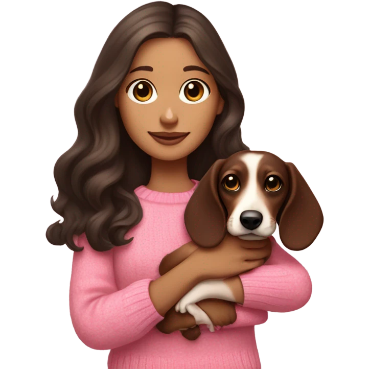 Dark Brunette white girl with long wavy hair in a pink sweater holds a dark brown and cream dachshund long-haired puppy in her arms emoji