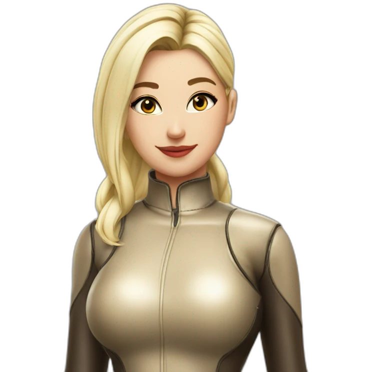 1 girl, leather suit, latex legwear, leather skirt, platinum blonde hair, ponytail, smirk, leather boots emoji