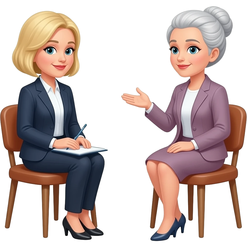 one-on-one meeting with two women, one blonde one blonde-grey updo emoji