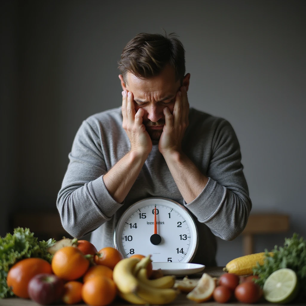 realistic 4K image of a man weighing himself on a scale, worried face, next to a pile of healthy foods, realistic atmosphere emoji