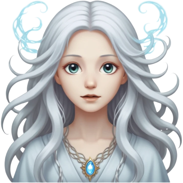 White silver Long Haired Women, Mystic seer — hair floating, glowing eyes emoji