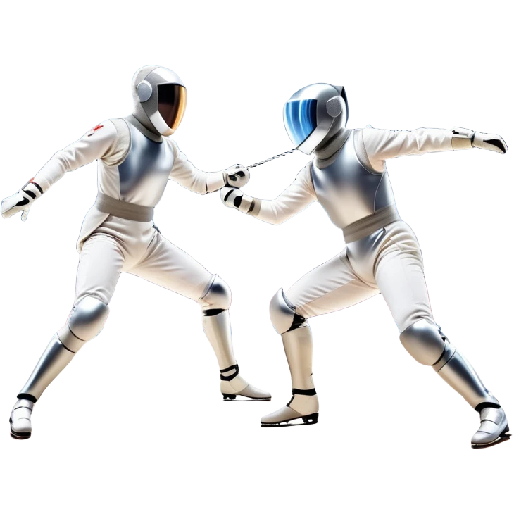 Two fencers in full protective gear duel on a professional piste, their foils clashing in mid-air. The background features a dynamic blur, symbolizing speed and precision. The scene is illuminated by bright arena lights, emphasizing the intensity of the match. Transparent background. emoji