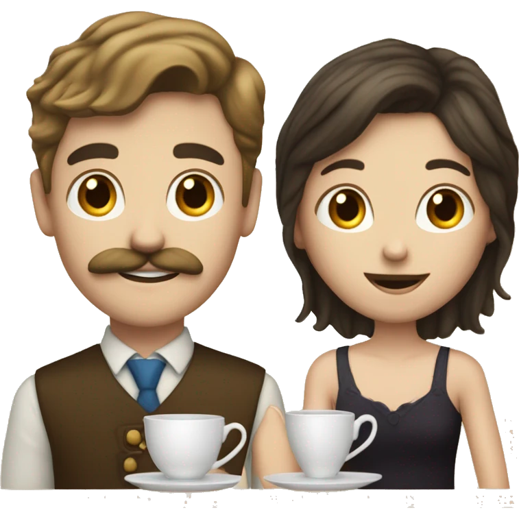 a white brunette girl and a white boy with dark blond hair and a mustache drinking together a cup of tea emoji
