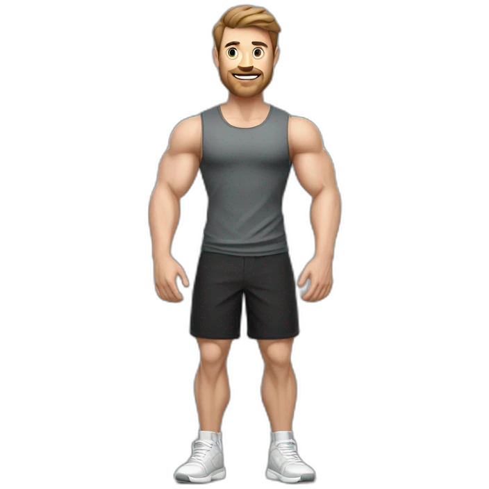 Full height realistic Actively gesturing with hands Pale skinned Fit Man With the biceps and brown hair in dark gray Sleeveless Mike, black oversize sports shorts, watch and white Sneakers emoji