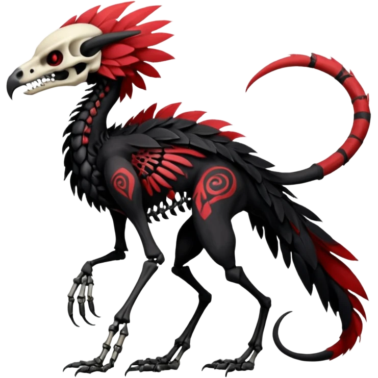 Rare realistic dark edgy evil tribal patterned red-feathered skeletal badass epic handsome gorgeous aesthetic black-skulled Vernid-Trico-Sergal-species-Fakemon-creature by LiLaiRa, 4 legs, 1 tail, random markings, (full body) emoji