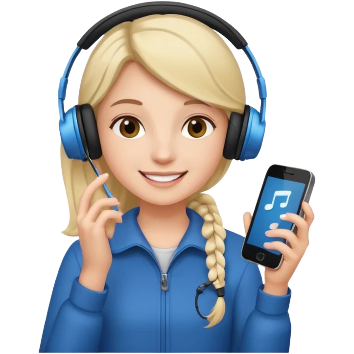 Girl listening to music with earphone and phone in hand emoji