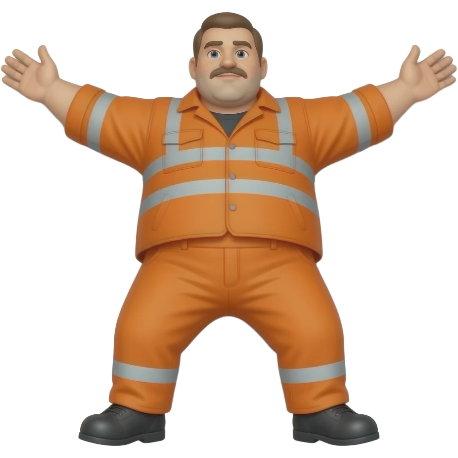 large MAN IN ORANGE HIVIS OVERALLS, laying on floor emoji