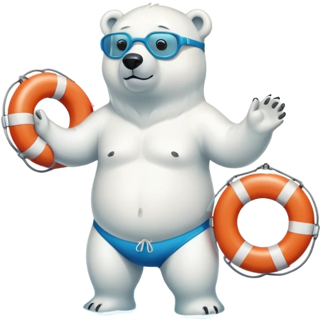 full body friendly anthropomorphised polar bear wearing swim shorts and swim goggles, standing in water, holding a life buoy emoji
