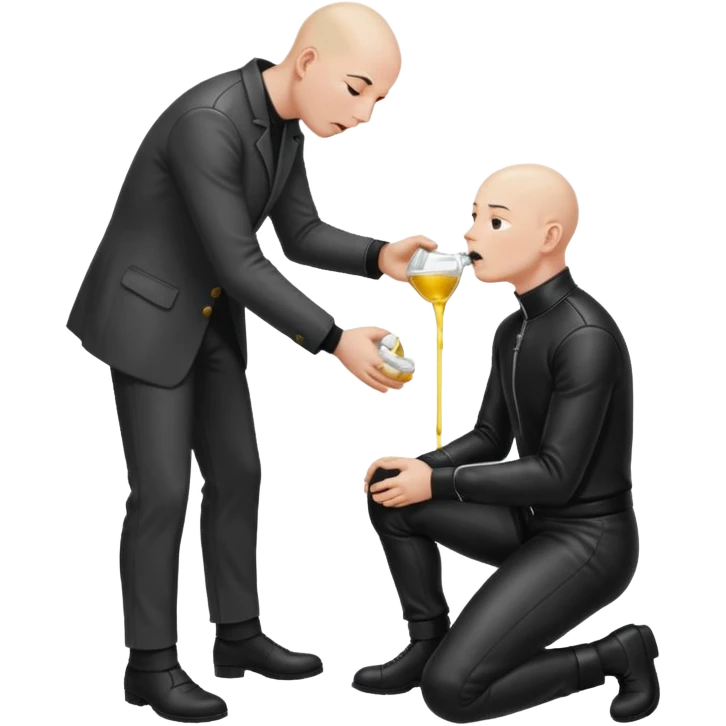 Bald man on his knees submissive to tall, standing man in leather, pouring piss down his throat emoji