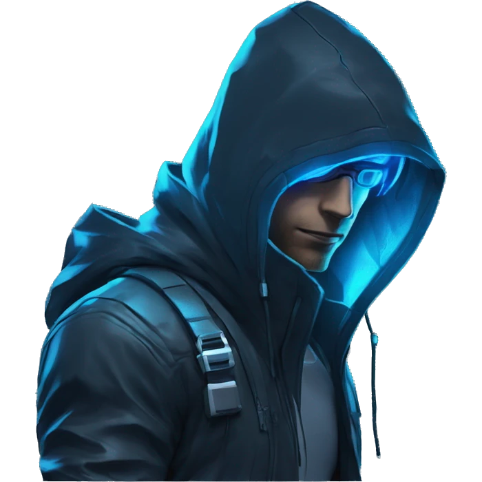 developer behind his laptop with this style : crysis Cyberpunk Valorant neon glowing bright blue character blue black hooded assassin themed character emoji