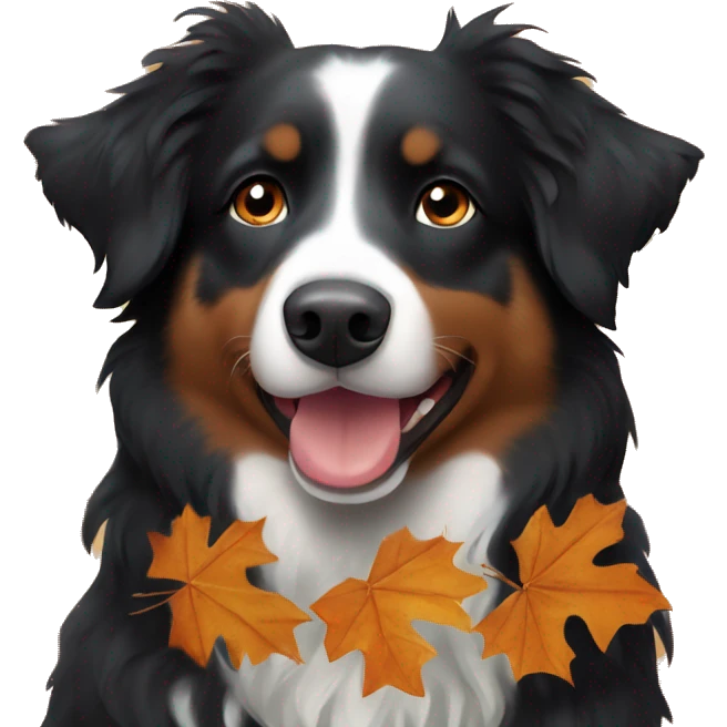 Small black australian shepherd dog wearing autumn leaves emoji