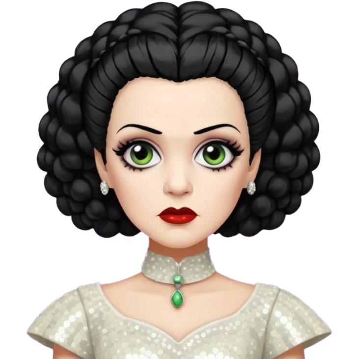 Bride of Frankenstein with black hair, ivory sequin outfit emoji