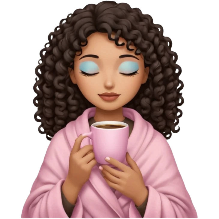 hispanic woman, brown skin, black long 3b curls, closed eyes, feminine face, holding soft pink coffee cup with beige blanket over shoulders, correct fingers, no eyeshadow emoji