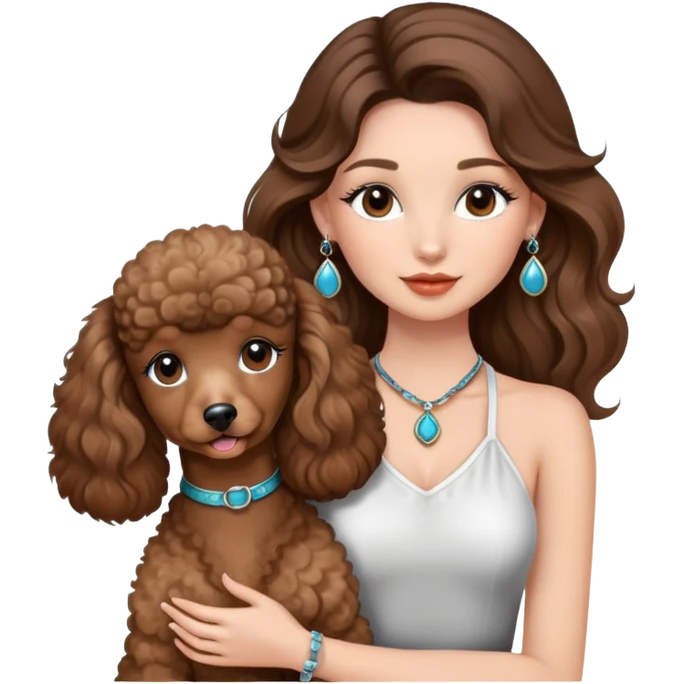 girl with long brown balayage hair and long lashes, wearing halterneck top and earings, holding a brown poodle, emoji