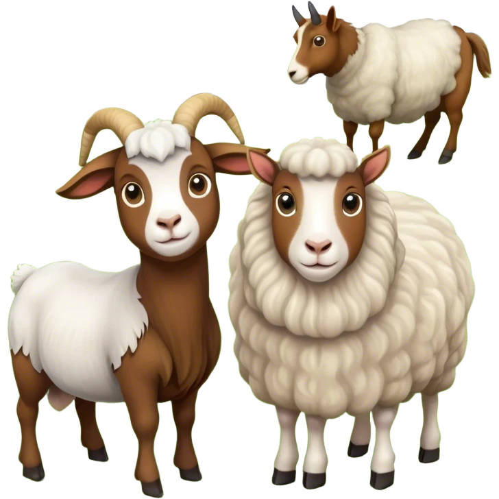 Icon for Domestic Hooved Animals: A gentle collage featuring a brown goat with large, curious eyes, a calm sheep with soft wool and a horse with a flowing mane. Background with a green pasture and a few hay bales. Transparent background. emoji