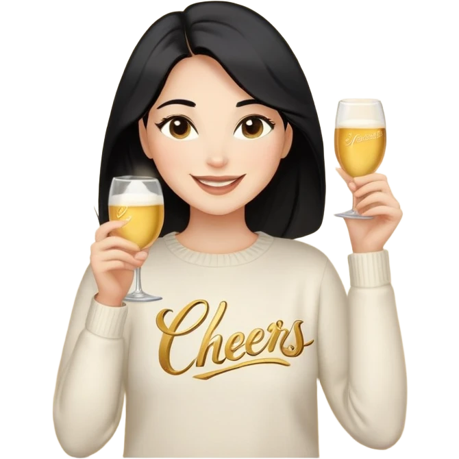A woman with longer black hair, light to medium skin tone, full cheeks, and almond-shaped eyes, wearing a simple white sweater with the word 'cheers' in gold script, joyful and radiant expression, cheerful. emoji