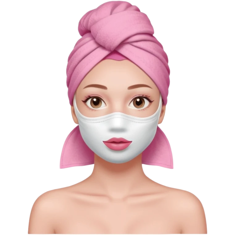 Clean girl influencer character, chest-up portrait, pink head towel, half-face facial mask, minimal self-care look, clean modern illustration emoji