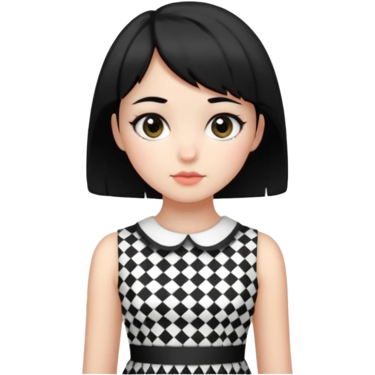 ایموجی دختری با پوست سفید و موهای کوتاه و چشمای مشکی با لباس شطرنجی سیاه و سفید emoji