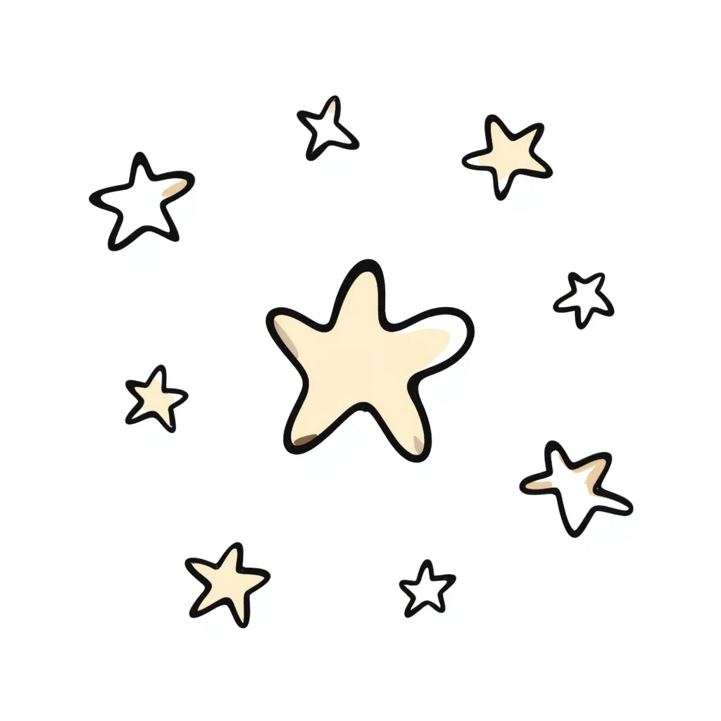 multiple stars in different sizes and shapes in pastel colors dd9fb0, ffc6d3, a3bfc9, c4bee2, f1b091, hand-drawn doodle style emoji