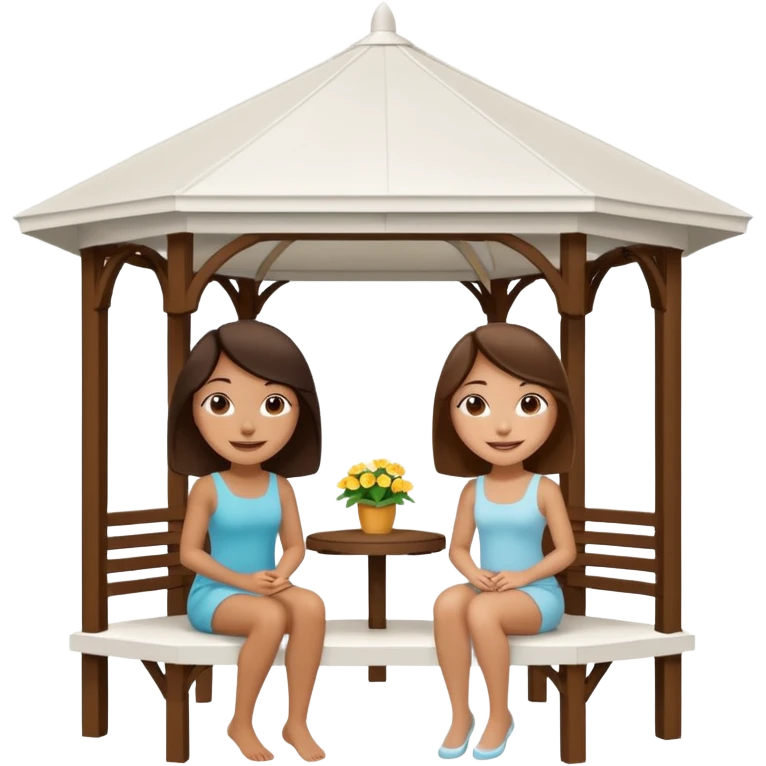 Two small brunette women sitting under a large white gazebo emoji